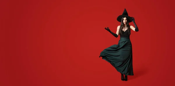 Beautiful Woman Dressed Witch Halloween Red Background Space Text — Stock Photo, Image
