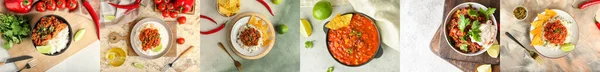 Collage Aus Leckerem Chili Con Carne Draufsicht — Stockfoto