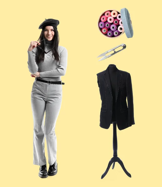 Collage Von Stilvollen Weiblichen Modedesignerin Mit Accessoires Auf Gelbem Hintergrund — Stockfoto