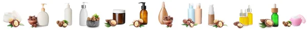 Collage Van Cosmetische Producten Met Macadamianoten Witte Achtergrond — Stockfoto