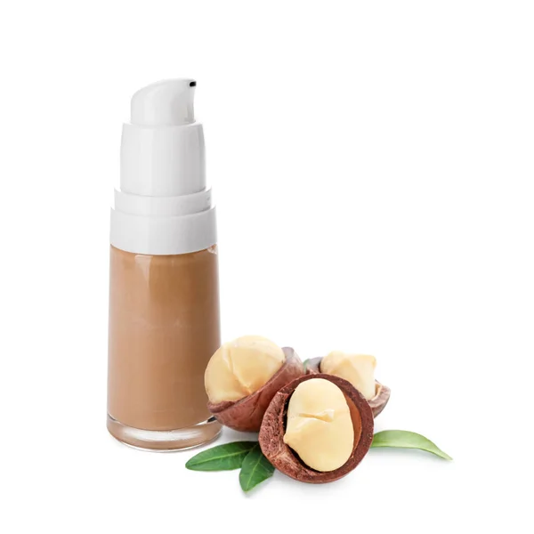 Bottle Natural Cosmetics Macadamia Nuts White Background — Photo