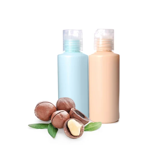 Bottles Natural Cosmetics Macadamia Nuts White Background — Photo