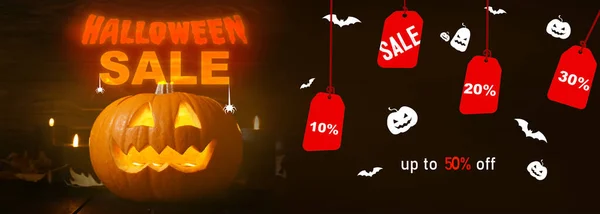 Baner Reklamowy Sprzedaż Halloween Świecącą Dynią — Zdjęcie stockowe