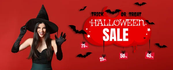 Reklam Banner För Halloween Försäljning Med Vacker Häxa — Stockfoto