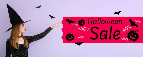 Reklam Banner För Halloween Försäljning Med Ung Häxa — Stockfoto