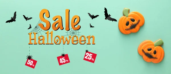 Reklam Banner För Halloween Försäljning Med Välsmakande Pumpa Cookies — Stockfoto