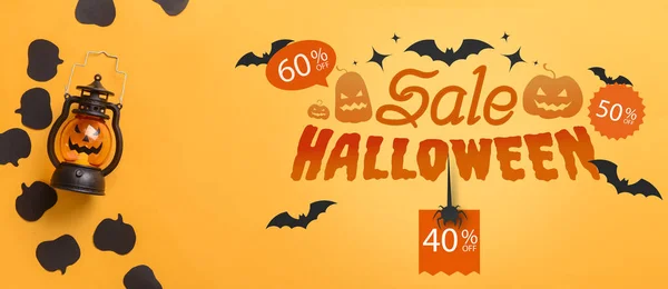 Banner Publicitario Para Venta Halloween Sobre Fondo Naranja — Foto de Stock