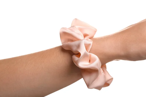 Closeup View Female Hand Silk Scrunchy White Background — Stock Photo, Image