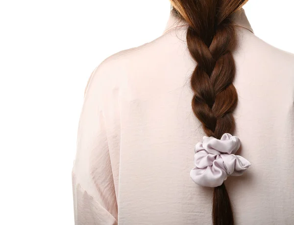 Woman Pigtail Silk Scrunchy White Background — Stock Photo, Image