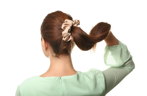 Woman Ponytail Silk Scrunchy White Background — Stock Photo, Image