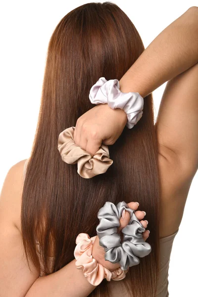 Woman Long Hair Holding Different Scrunchies White Background — Stock Photo, Image