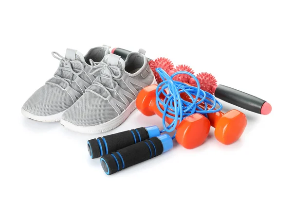 Skipping Rope Body Roller Dumbbells Sneakers White Background — Stock Photo, Image