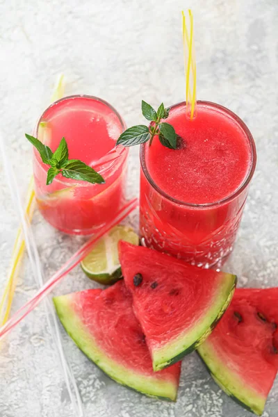 Glasses Cold Watermelon Fresh Light Background Closeup — Stock Photo, Image
