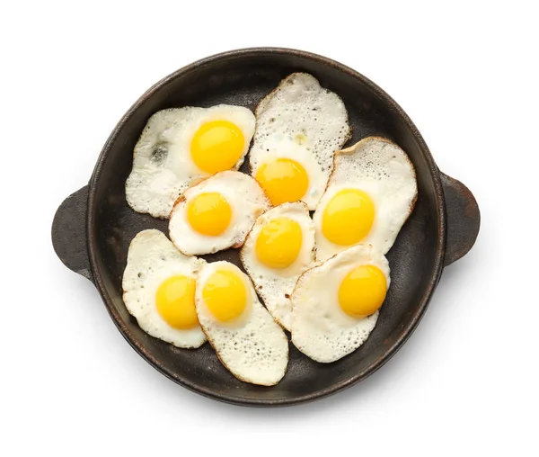 Сковородка Вкусными Жареными Перепелиными Яйцами Изолированы Белом Фоне — стоковое фото