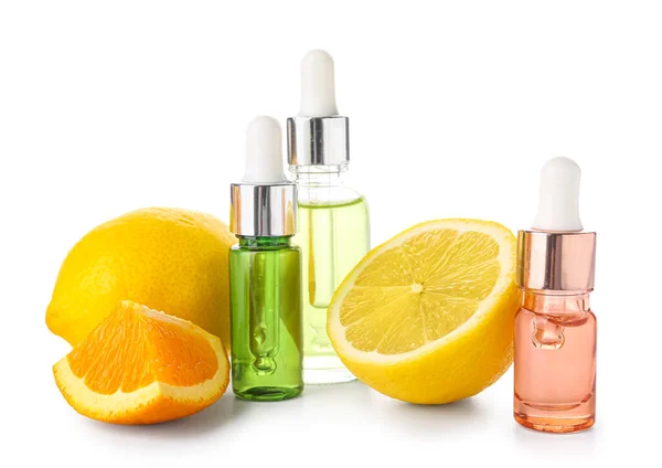 Bottles Citrus Serum Fruits Isolated White Background — Stock Photo, Image