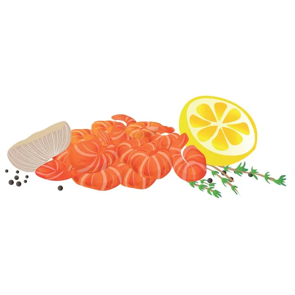 Вкусные Вареные Креветки Лимон Специи Белом Фоне — стоковый вектор