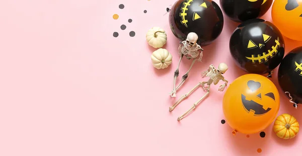 Balony Halloween Szkielety Dynie Różowym Tle Miejscem Tekst — Zdjęcie stockowe