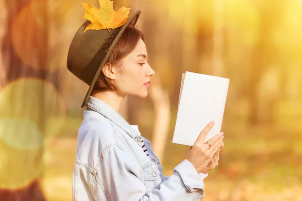 Pretty Young Woman Reading Interesting Book Autumn Park — Stock Photo, Image