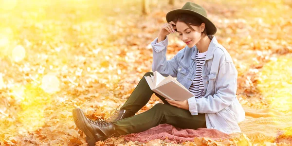 Pretty Young Woman Reading Interesting Book Autumn Park — Stock Photo, Image