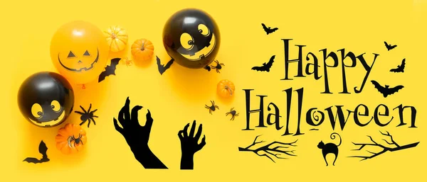 Banner Mit Halloween Luftballons Und Dekor Auf Gelbem Hintergrund — Stockfoto