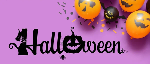 Banner Mit Lustigen Halloween Luftballons Auf Fliederfarbenem Hintergrund — Stockfoto