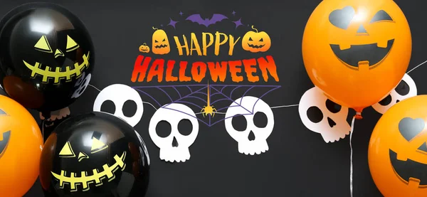 Banner För Halloween Med Ballonger Och Krans Mörk Bakgrund — Stockfoto