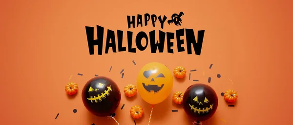 Banner Halloween Mit Luftballons Und Kleinen Kürbissen Auf Orangefarbenem Hintergrund — Stockfoto