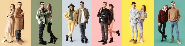 Set Med Fashionabla Unga Par Höst Kläder Färgglada Bakgrund — Stockfoto