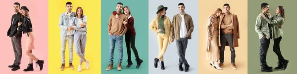 Conjunto Pareja Joven Moda Ropa Otoño Sobre Fondo Colorido — Foto de Stock