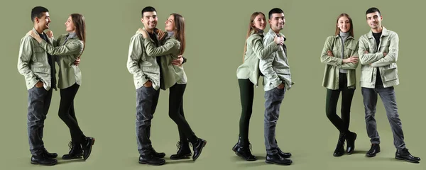 Set Fashionable Young Couple Stylish Clothes Color Background — Stock Photo, Image