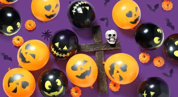 Composition with Halloween decor and wooden cross on purple background