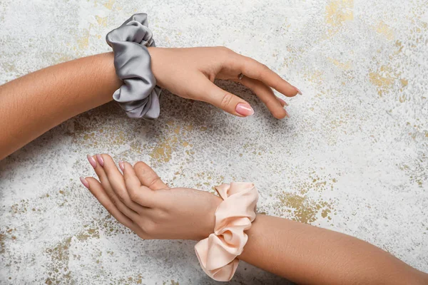 Female Hands Silk Scrunchies Light Background — Stock Photo, Image