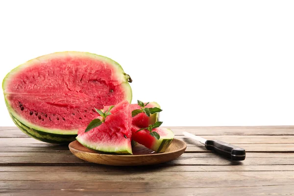 Plate Slices Watermelon Mint Knife Table White Background — Stock Photo, Image