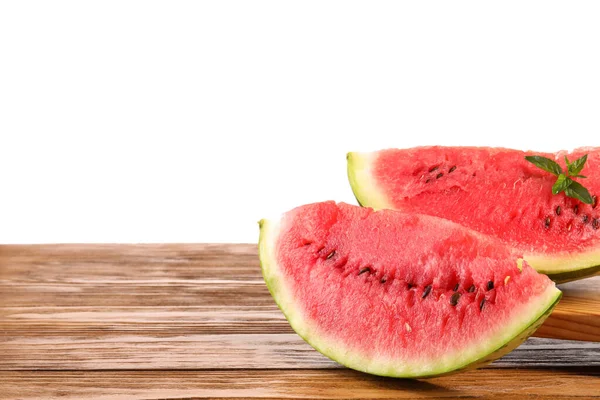 Stand Slices Ripe Watermelon Mint Table White Background — Stock Photo, Image