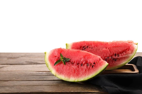 Cut Watermelon Mint Napkin Wooden Table White Background — Stock Photo, Image
