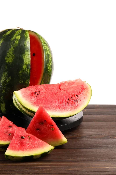 Slices Ripe Watermelon Wooden Table White Background — Stock Photo, Image