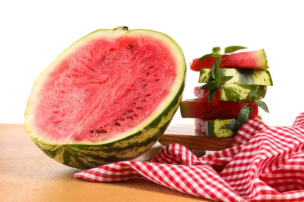 Slices Ripe Watermelon Napkin Beige Table White Background — Stock Photo, Image