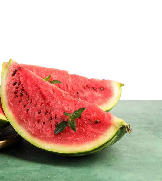 Slices Ripe Watermelon Mint Green Table White Background — Stock Photo, Image