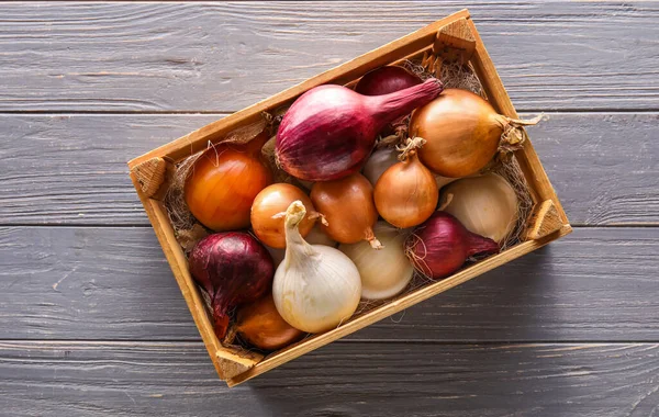 Box Different Kinds Onion Dark Wooden Background — Stock Photo, Image