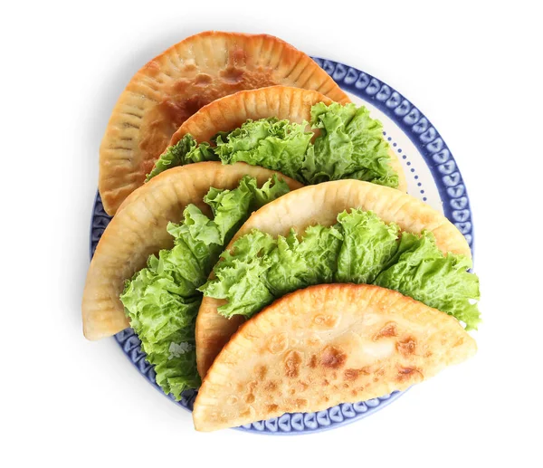 Plate Tasty Chebureks Lettuce White Background — Stock Photo, Image