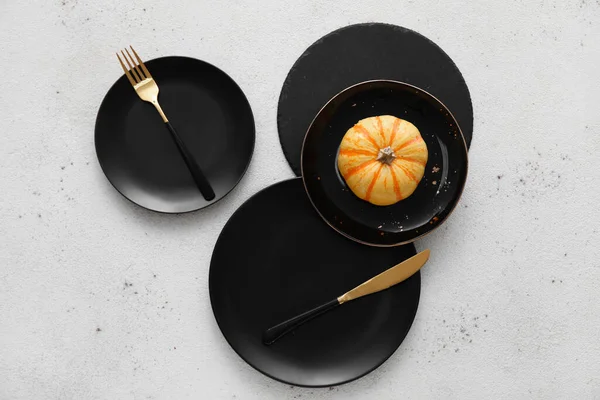 Autumn Table Setting Fresh Pumpkin White Background — Stock Photo, Image