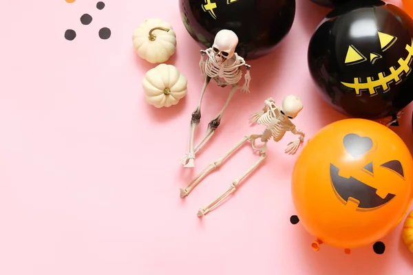 Halloween Balónky Kostry Dýně Růžovém Pozadí — Stock fotografie