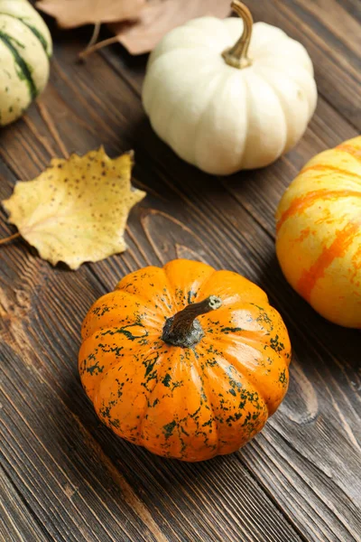 Ripe Pumpkins Halloween Party Wooden Background Closeup — Stock Photo, Image