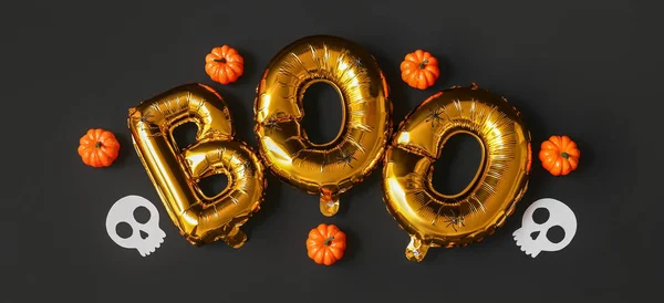 Tekst Boo Wykonane Balonów Wystrój Halloween Ciemnym Tle — Zdjęcie stockowe