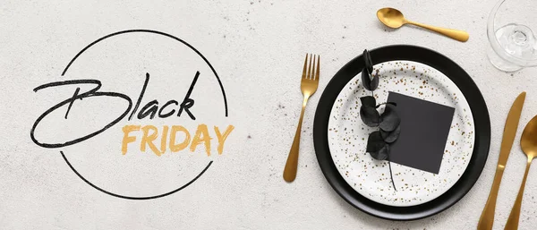 Banner with table setting and text BLACK FRIDAY on light background