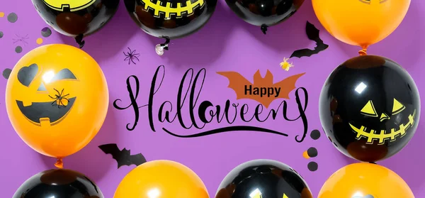 Texte Happy Halloween Nombreux Ballons Sur Fond Violet — Photo