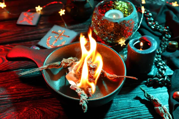 Bowl Burning Herbs Dark Wooden Wizard Table — Stock Photo, Image