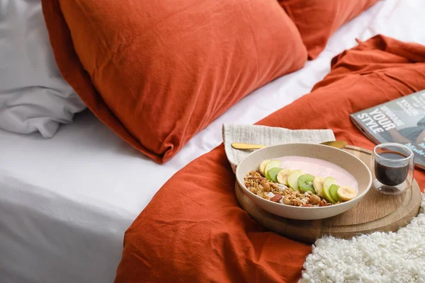 Board Bowl Tasty Granola Coffee Bed — Stock Photo, Image