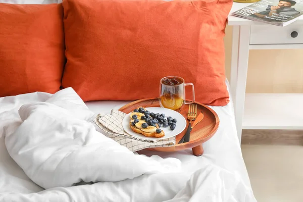 Wooden Tray Delicious Breakfast Cup Coffee Bed — Stock Photo, Image