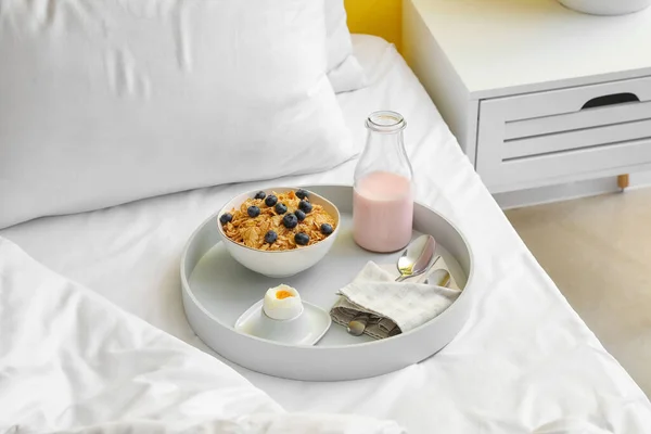 Tray Tasty Breakfast Bottle Yogurt Bed — Stock Photo, Image